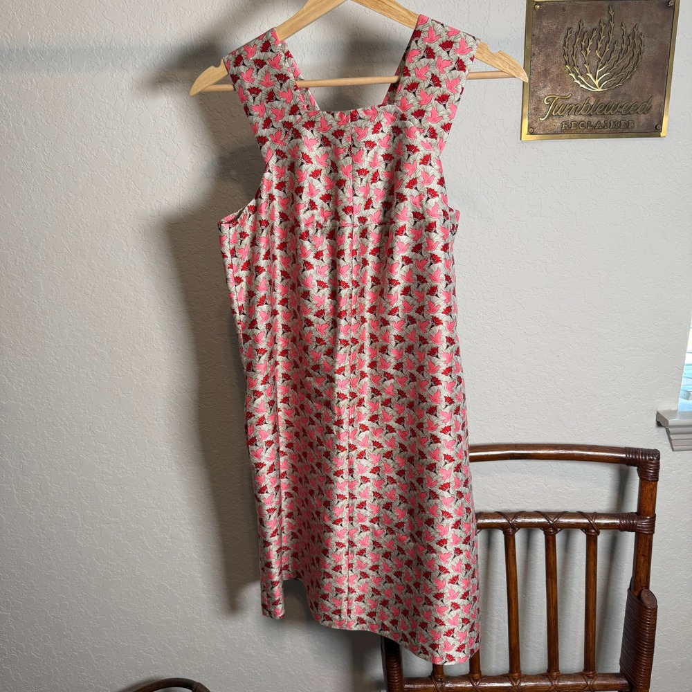Tory Burch Pink Red Bird Floral 100% Silk Shift Dress Size 4 12151415 Sleeveless - Picture 1 of 10